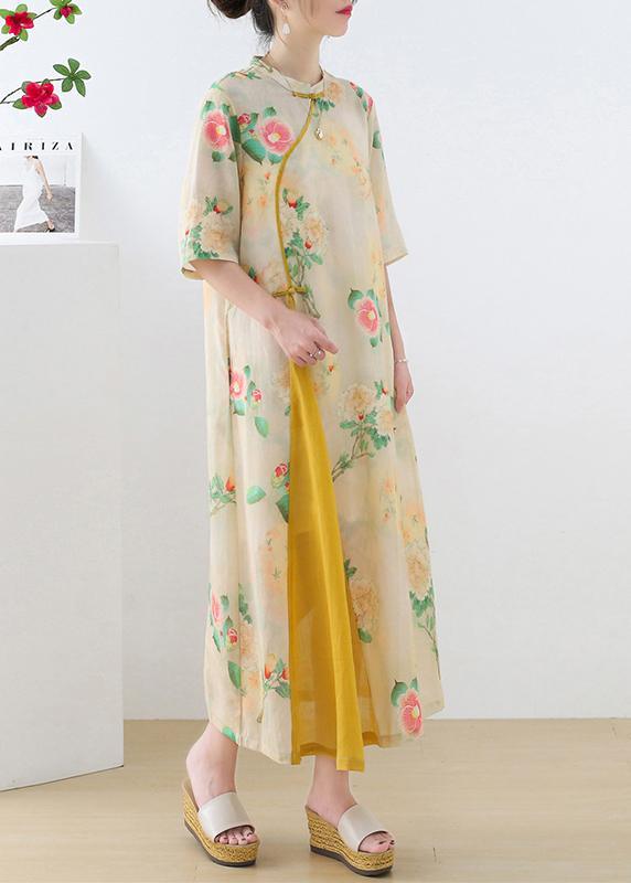 Stylish Green Print O-Neck Asymmetrical Design Dress Summer Ramie - Omychic
