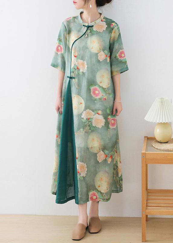 Stylish Green Print O-Neck Asymmetrical Design Dress Summer Ramie - Omychic