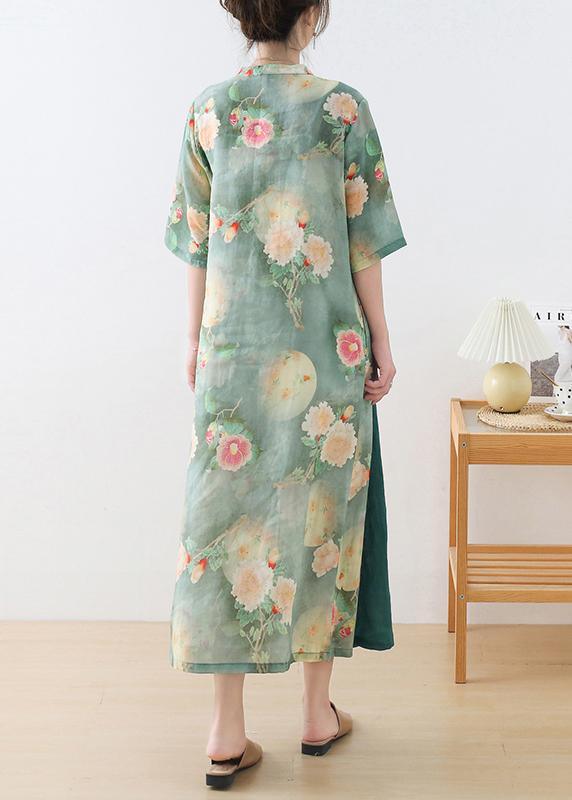 Stylish Green Print O-Neck Asymmetrical Design Dress Summer Ramie - Omychic