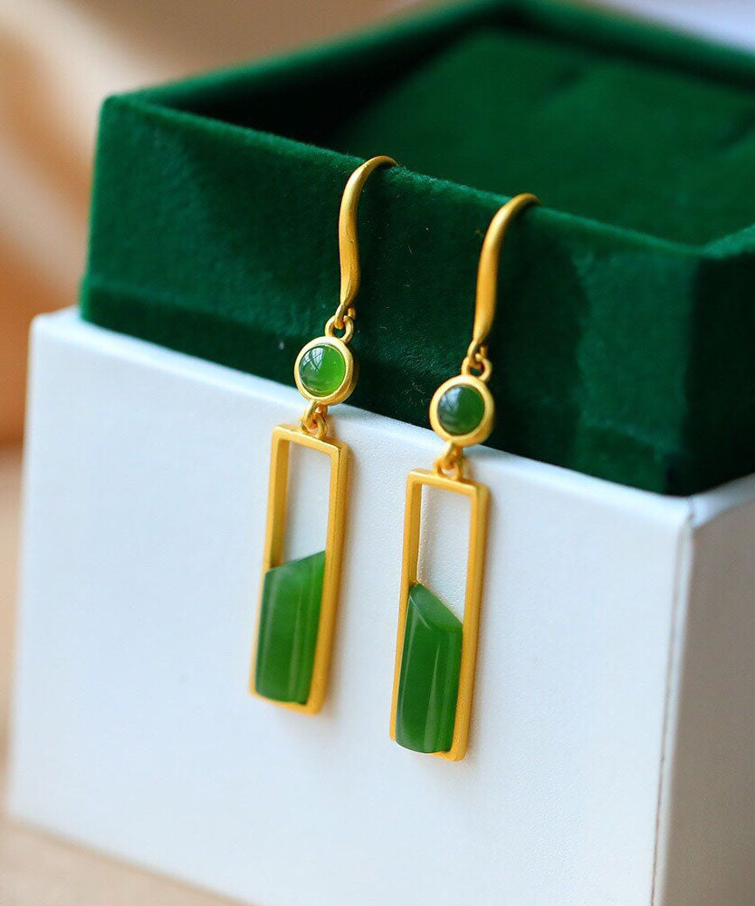 Stylish Green Sterling Silver Inlaid Jade Gem Stone Drop Earrings