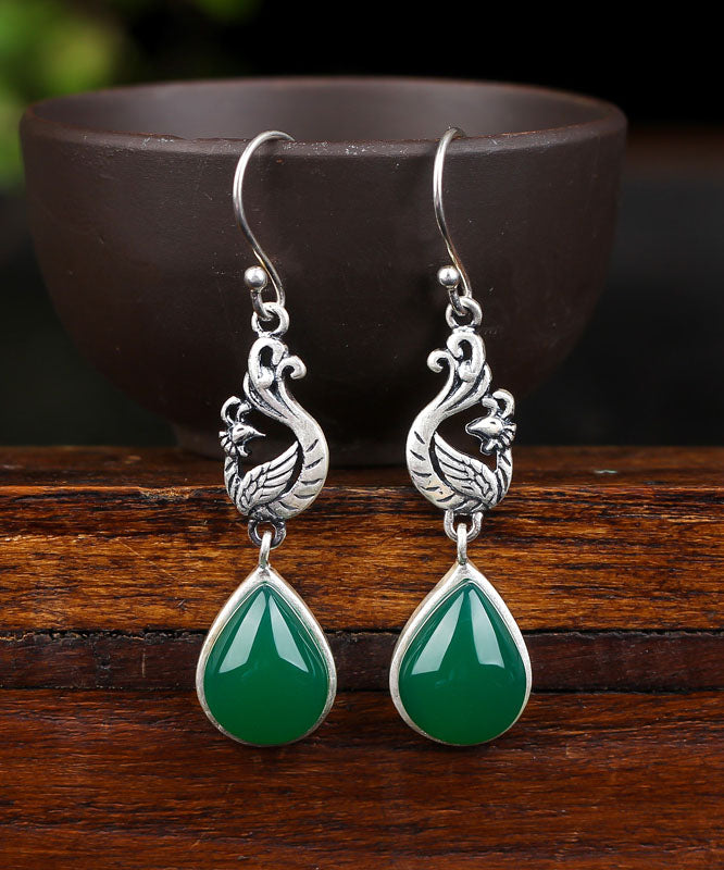 Stylish Green Sterling Silver Inlaid Water Drop Chalcedony Drop Earrings