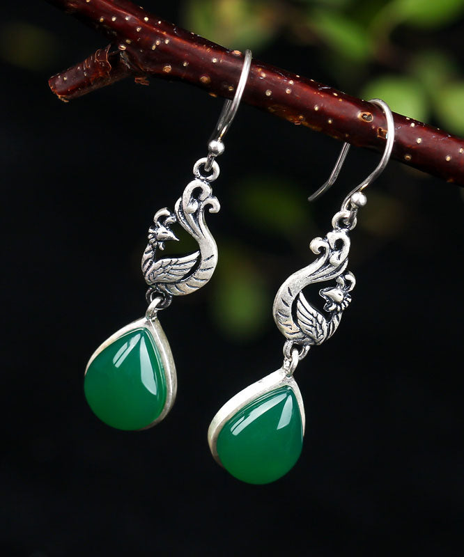 Stylish Green Sterling Silver Inlaid Water Drop Chalcedony Drop Earrings