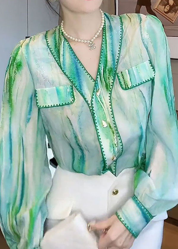 Stylish Green V Neck Patchwork Chiffon Shirt Top Spring