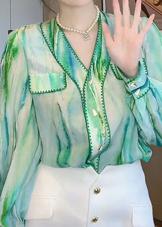 Stylish Green V Neck Patchwork Chiffon Shirt Top Spring