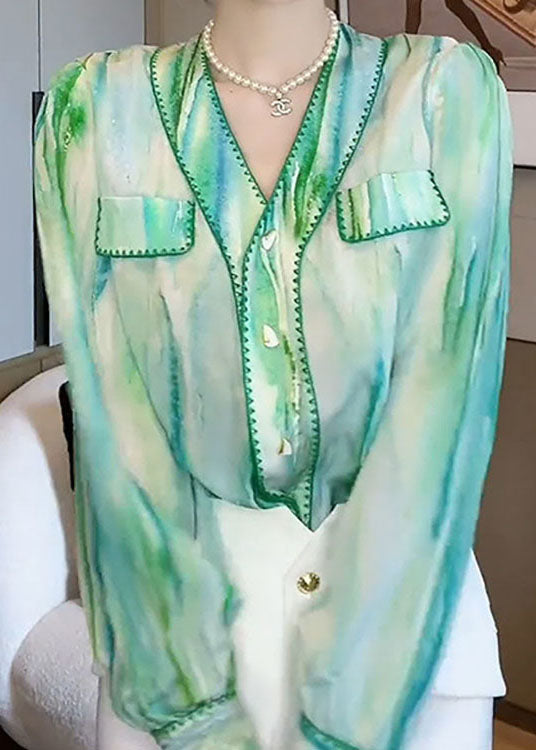Stylish Green V Neck Patchwork Chiffon Shirt Top Spring