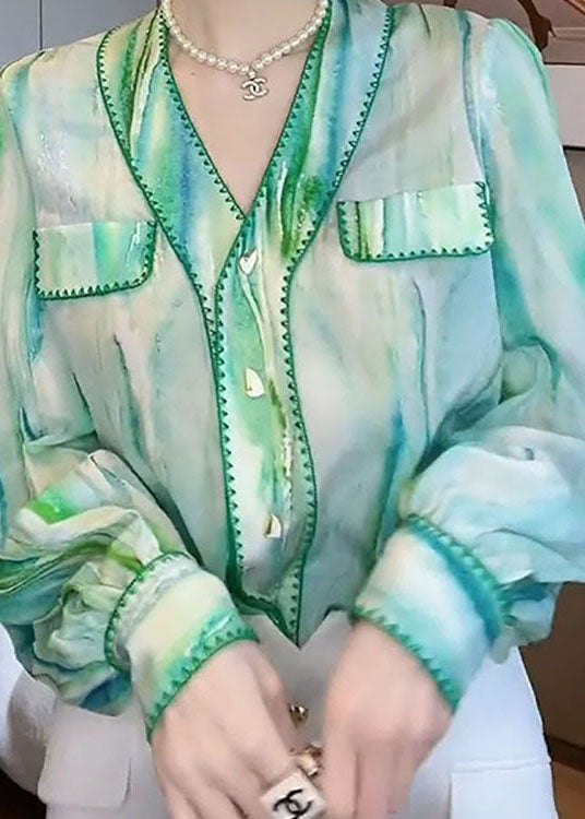 Stylish Green V Neck Patchwork Chiffon Shirt Top Spring