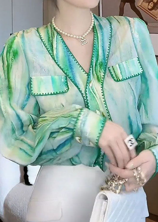 Stylish Green V Neck Patchwork Chiffon Shirt Top Spring