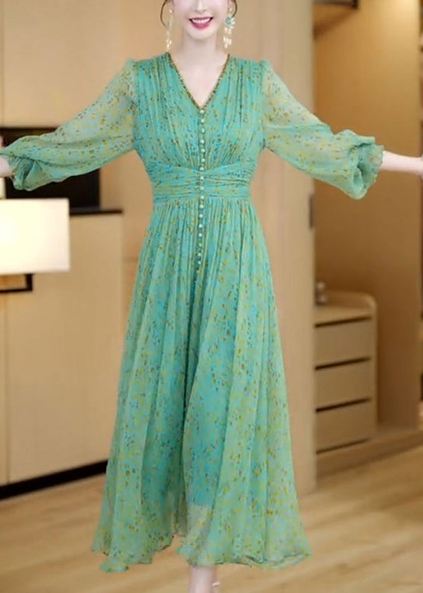 Stylish Green V Neck Print Button Slim Chiffon Maxi Dresses Spring