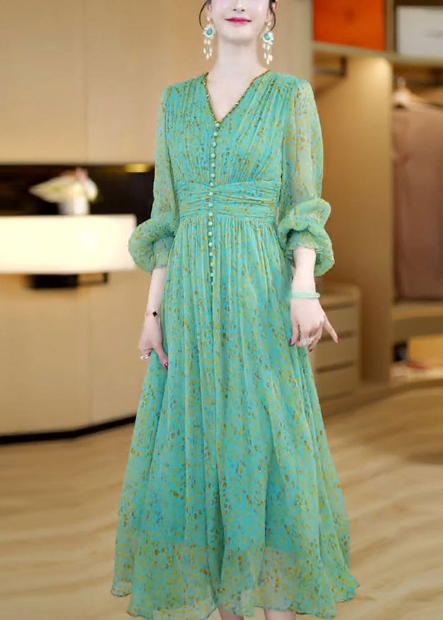 Stylish Green V Neck Print Button Slim Chiffon Maxi Dresses Spring