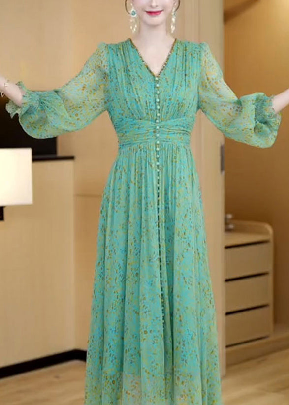 Stylish Green V Neck Print Button Slim Chiffon Maxi Dresses Spring