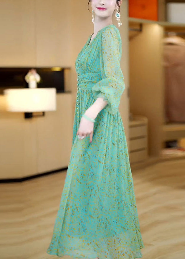 Stylish Green V Neck Print Button Slim Chiffon Maxi Dresses Spring