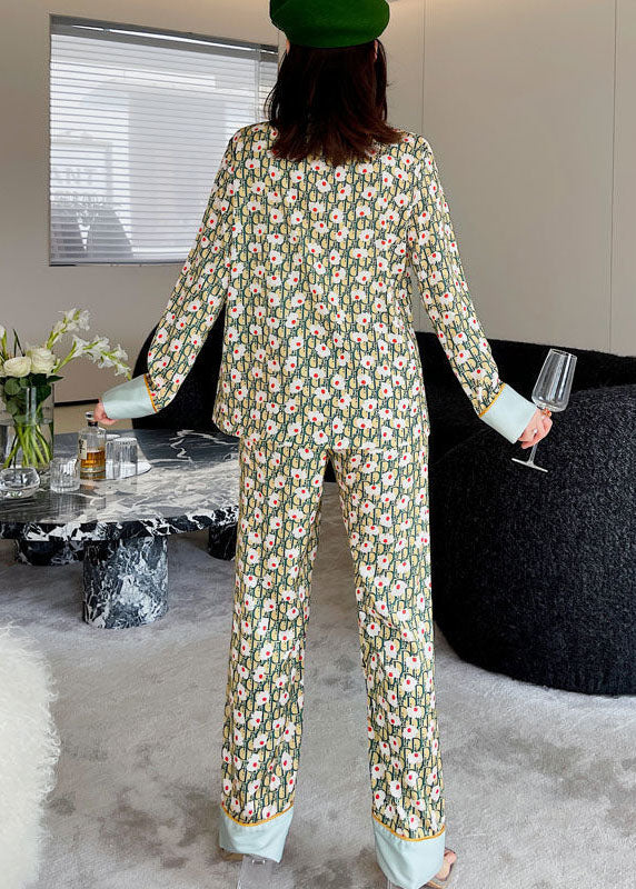 Stylish Green V Neck Print Draping Ice Silk Pajamas Two Pieces Set Spring