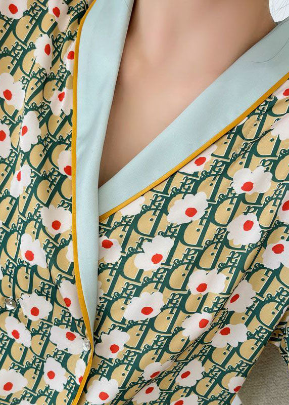 Stylish Green V Neck Print Draping Ice Silk Pajamas Two Pieces Set Spring