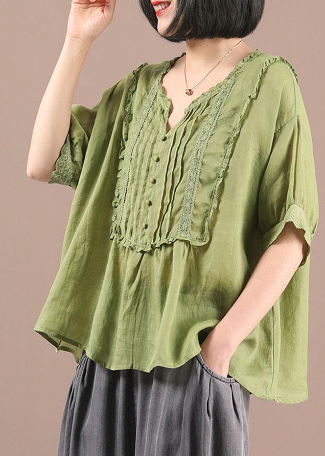 Stylish Green Wrinkled Button Summer Linen Shirt Half Sleeve - Omychic
