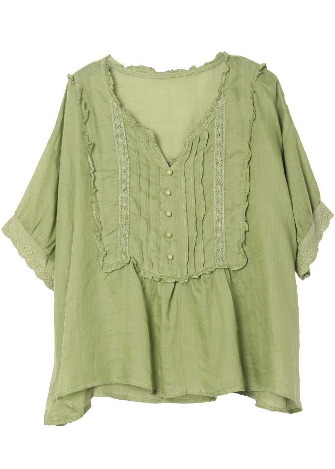 Stylish Green Wrinkled Button Summer Linen Shirt Half Sleeve - Omychic