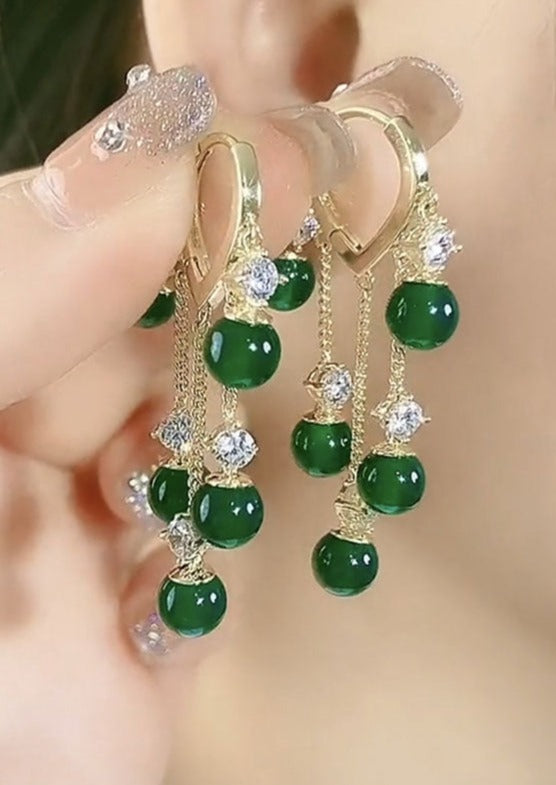 Stylish Green Zircon Overgild Gem Stone Tassel Drop Earrings
