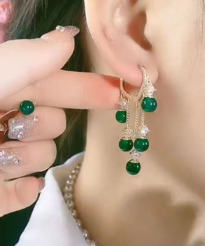 Stylish Green Zircon Overgild Gem Stone Tassel Drop Earrings - Omychic