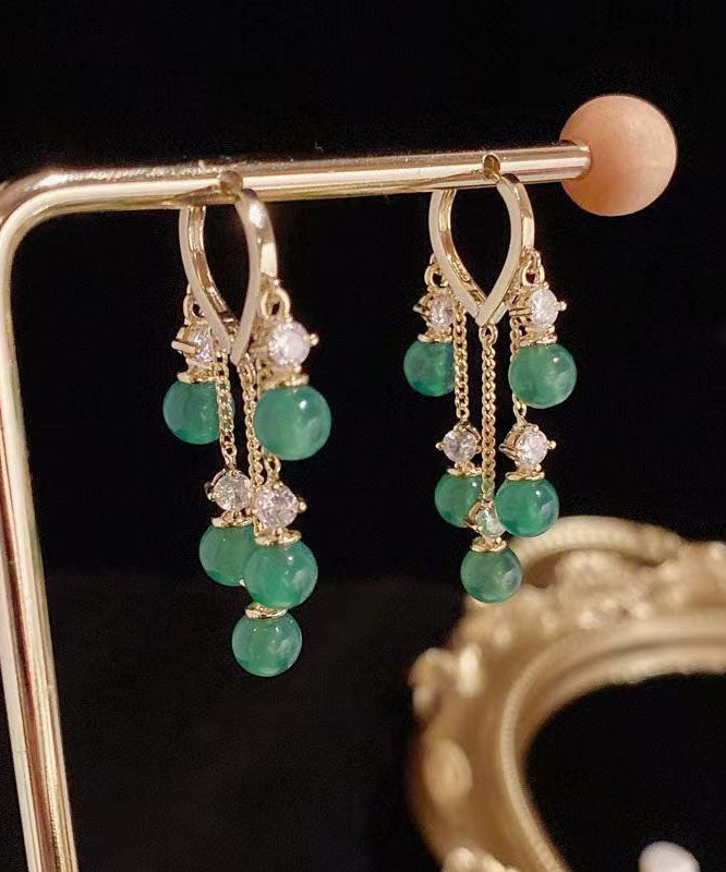 Stylish Green Zircon Overgild Gem Stone Tassel Drop Earrings - Omychic