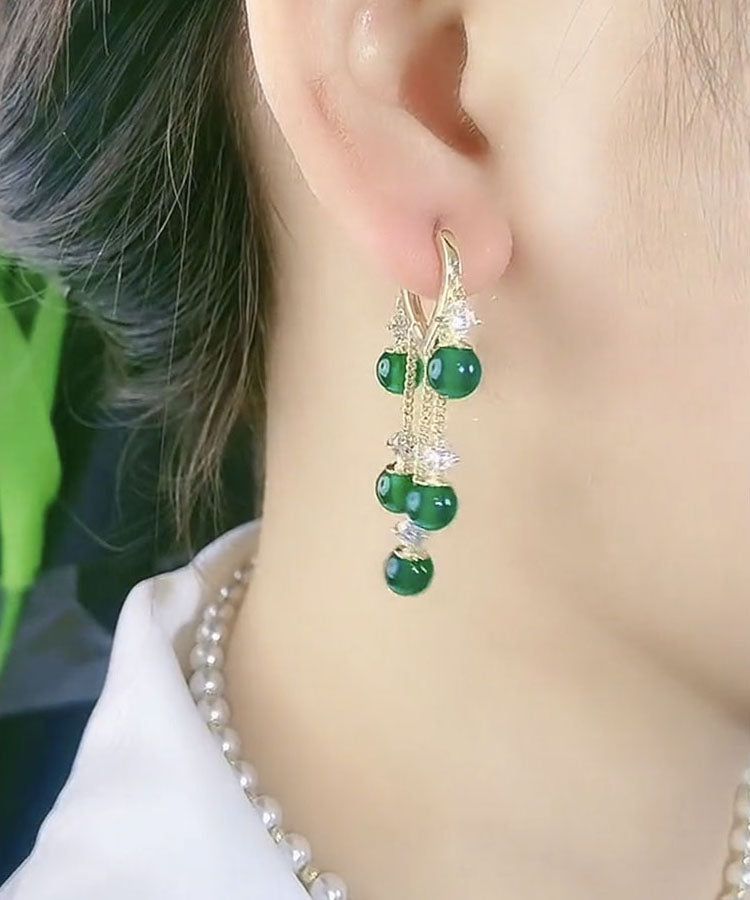 Stylish Green Zircon Overgild Gem Stone Tassel Drop Earrings - Omychic
