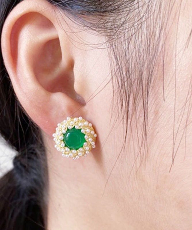 Stylish Green Zircon Pearl Agate Stud Earrings