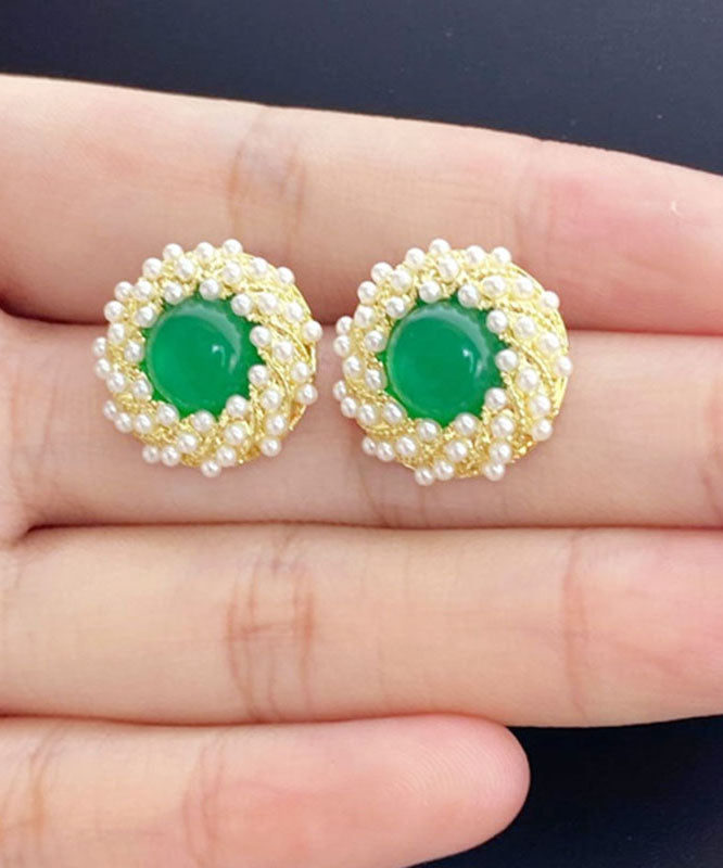 Stylish Green Zircon Pearl Agate Stud Earrings