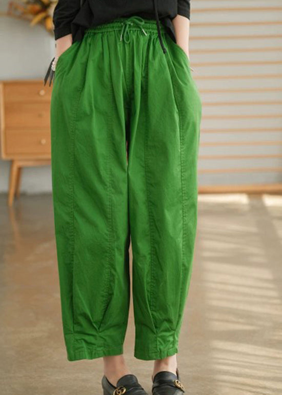 Stylish Green Elastic Waist Drawstring Pockets Cotton Harem Pants Spring
