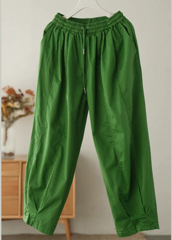 Stylish Green elastic waist drawstring Pockets Cotton harem Pants Spring