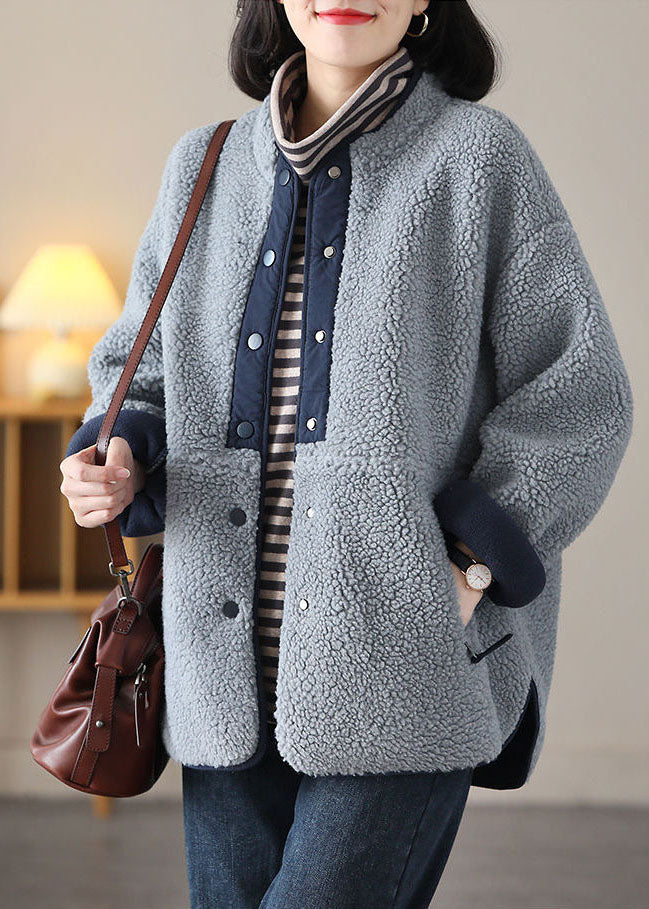 Stylish Grey Blue Stand Collar Patchwork Teddy Faux Fur Jackets Spring