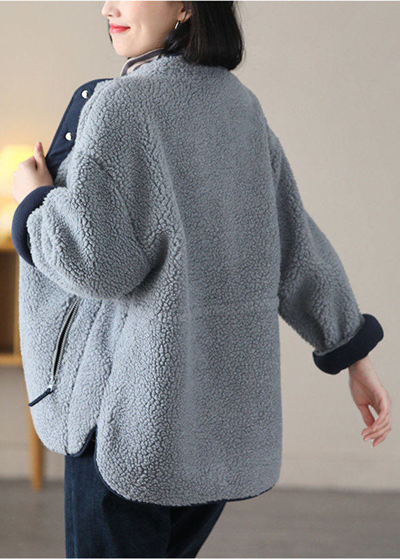 Stylish Grey Blue Stand Collar Patchwork Teddy Faux Fur Jackets Spring