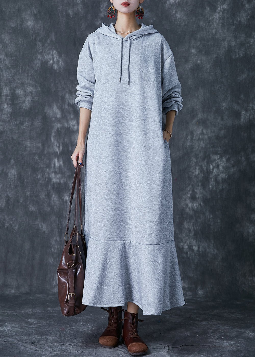 Stylish Grey Hooded Patchwork Ruffles Cotton Pullover Streetwear Dress Fall