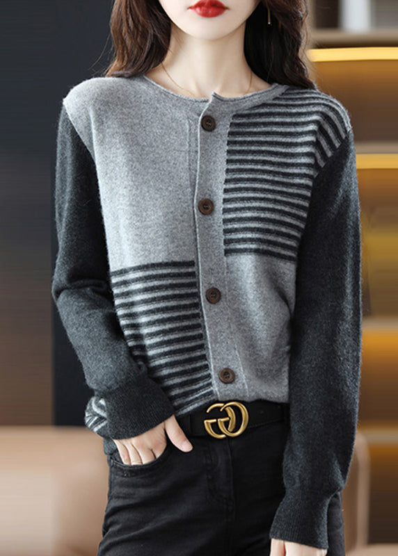 Stylish Grey O Neck Button Patchwork Woolen Knit Cardigan Fall