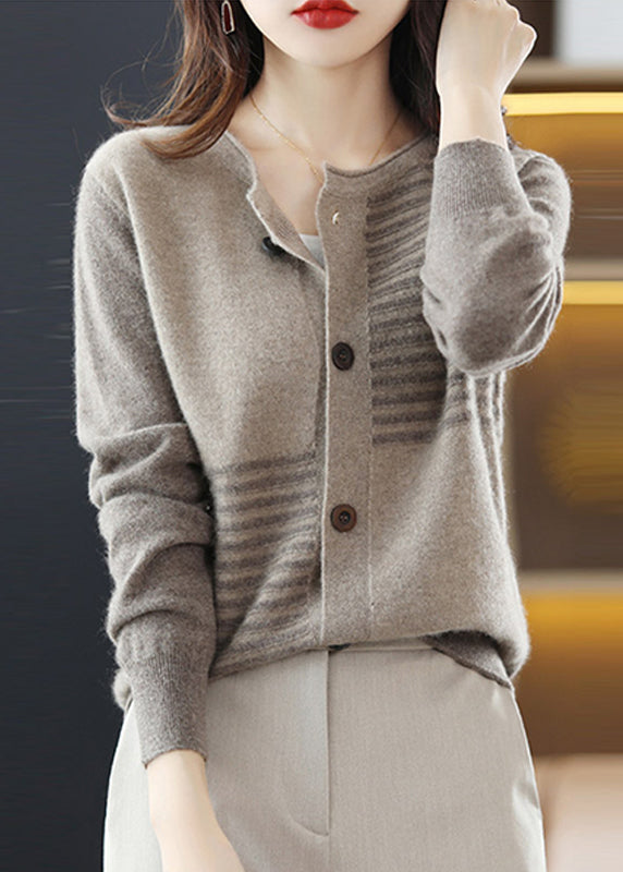 Stylish Grey O Neck Button Patchwork Woolen Knit Cardigan Fall