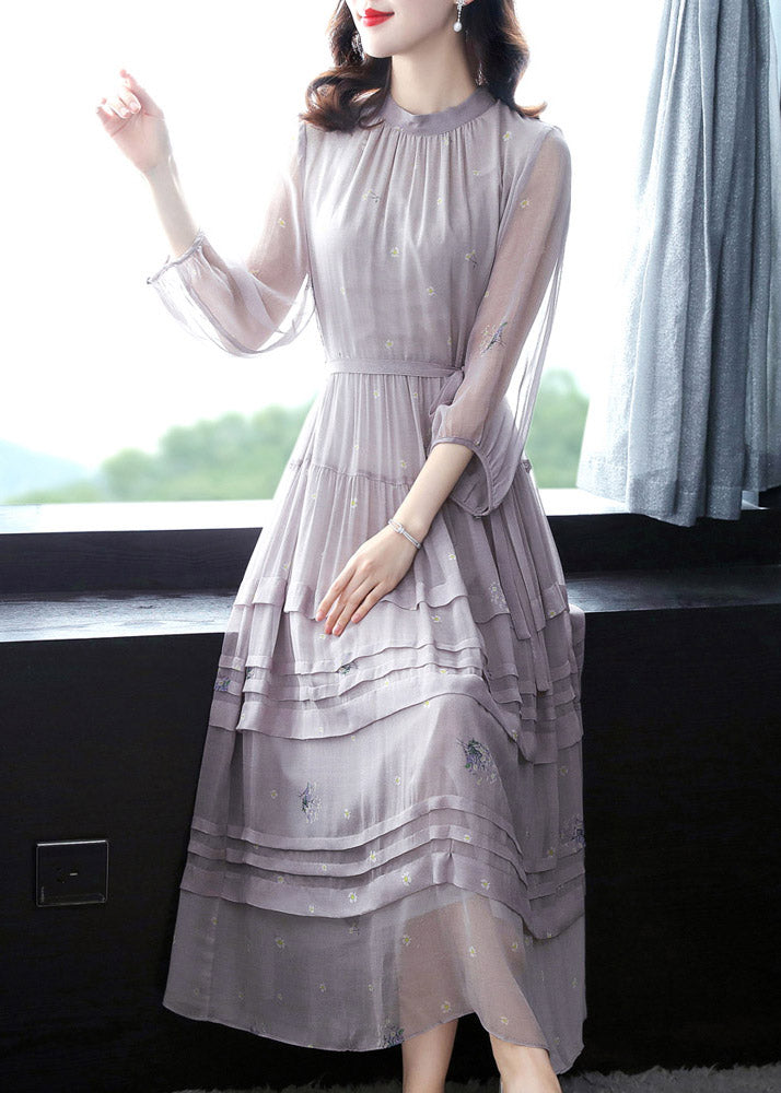 Stylish Grey O-Neck Embroideried Patchwork Silk Maxi Dress Spring