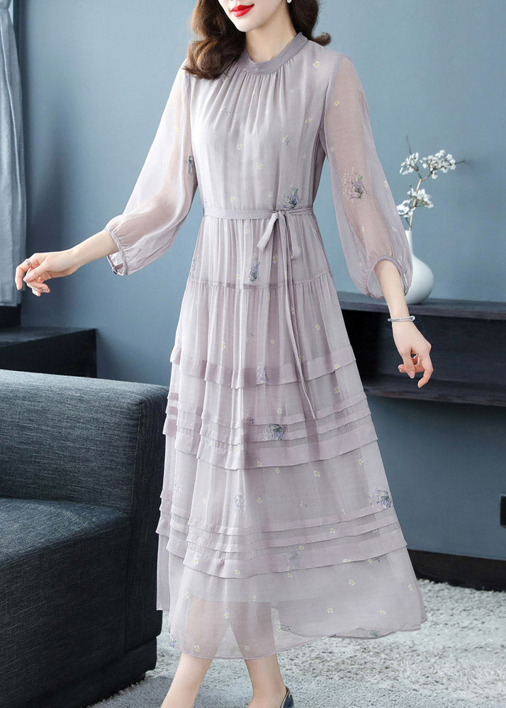 Stylish Grey O-Neck Embroideried Patchwork Silk Maxi Dress Spring
