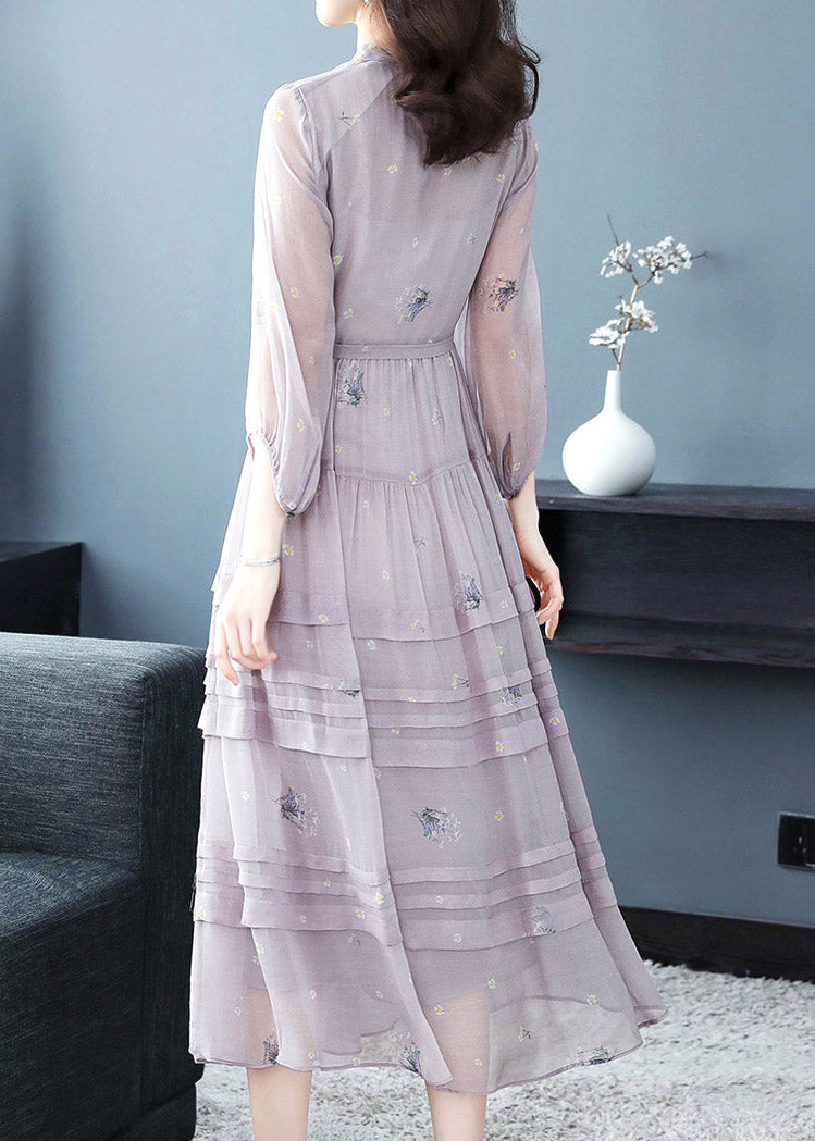 Stylish Grey O-Neck Embroideried Patchwork Silk Maxi Dress Spring