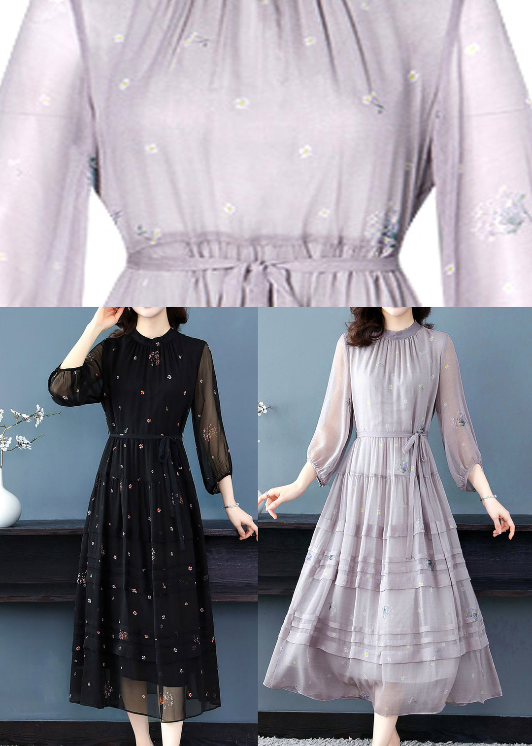 Stylish Grey O-Neck Embroideried Patchwork Silk Maxi Dress Spring