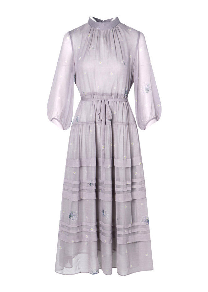 Stylish Grey O-Neck Embroideried Patchwork Silk Maxi Dress Spring