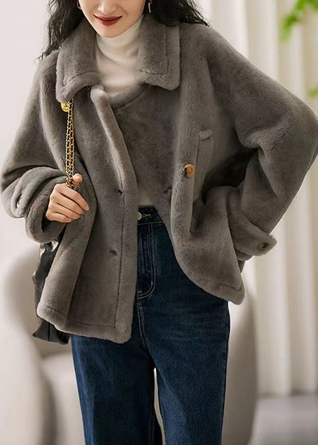 Stylish Grey Peter Pan Collar Pockets Patchwork Wool Coats Winter