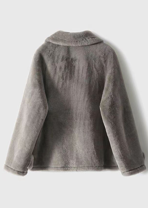 Stylish Grey Peter Pan Collar Pockets Patchwork Wool Coats Winter