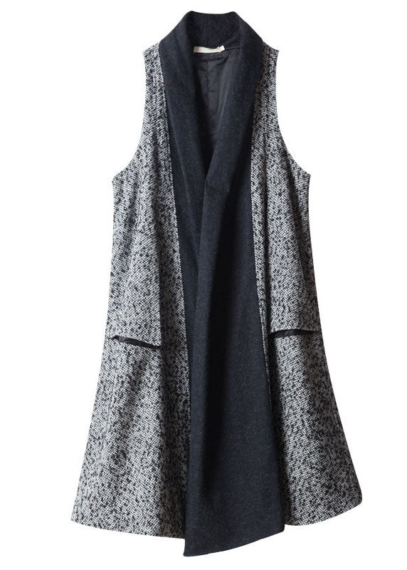 Stylish Grey Pockets Back Side Open Patchwork Woolen Vest Fall