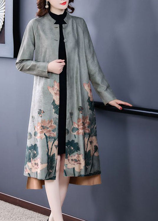 Stylish Grey Stand Collar Oversized Print Faux Suede Coat Long Sleeve