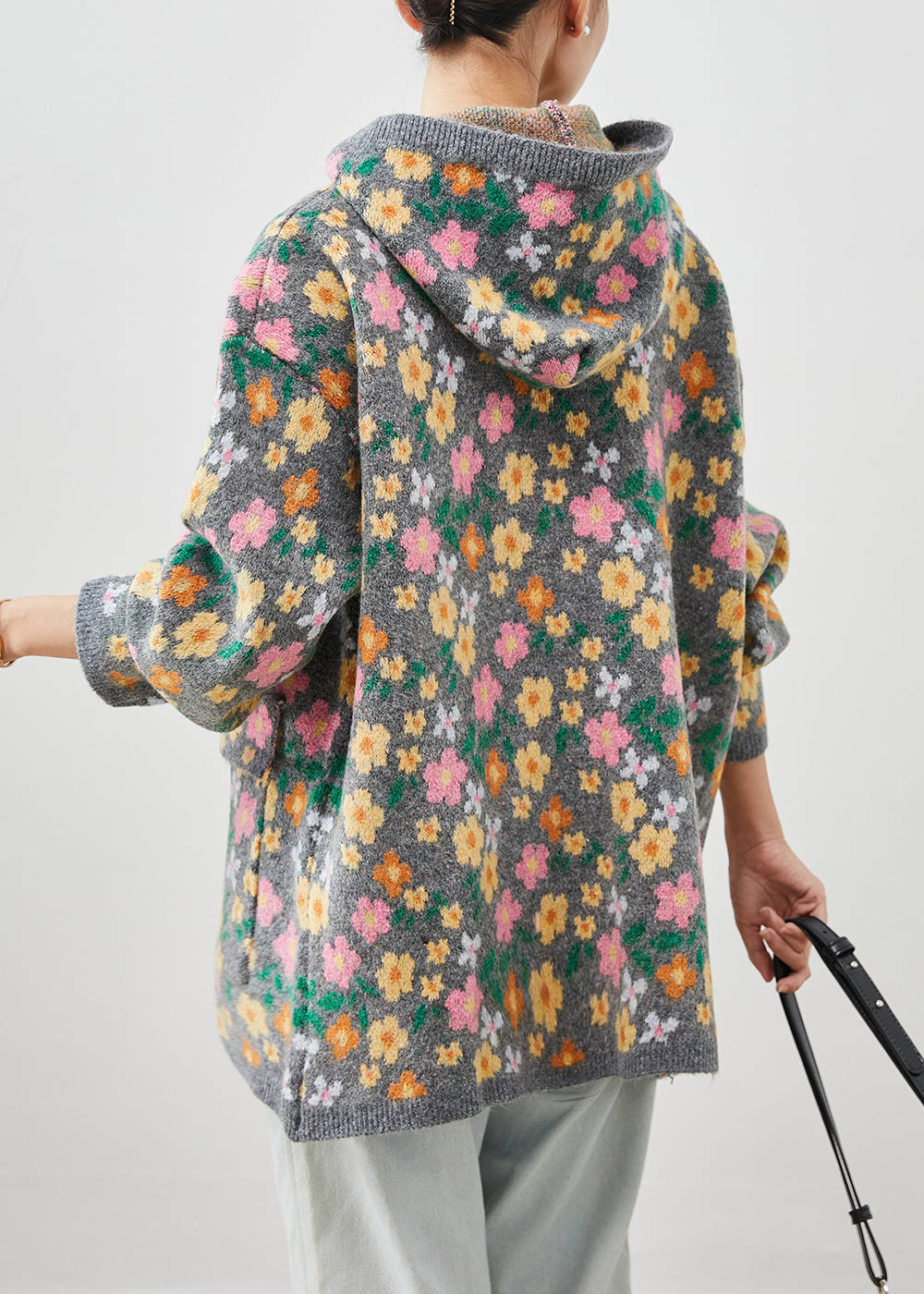Stylish Grey Zip Up Floral Print Knit Coat Spring