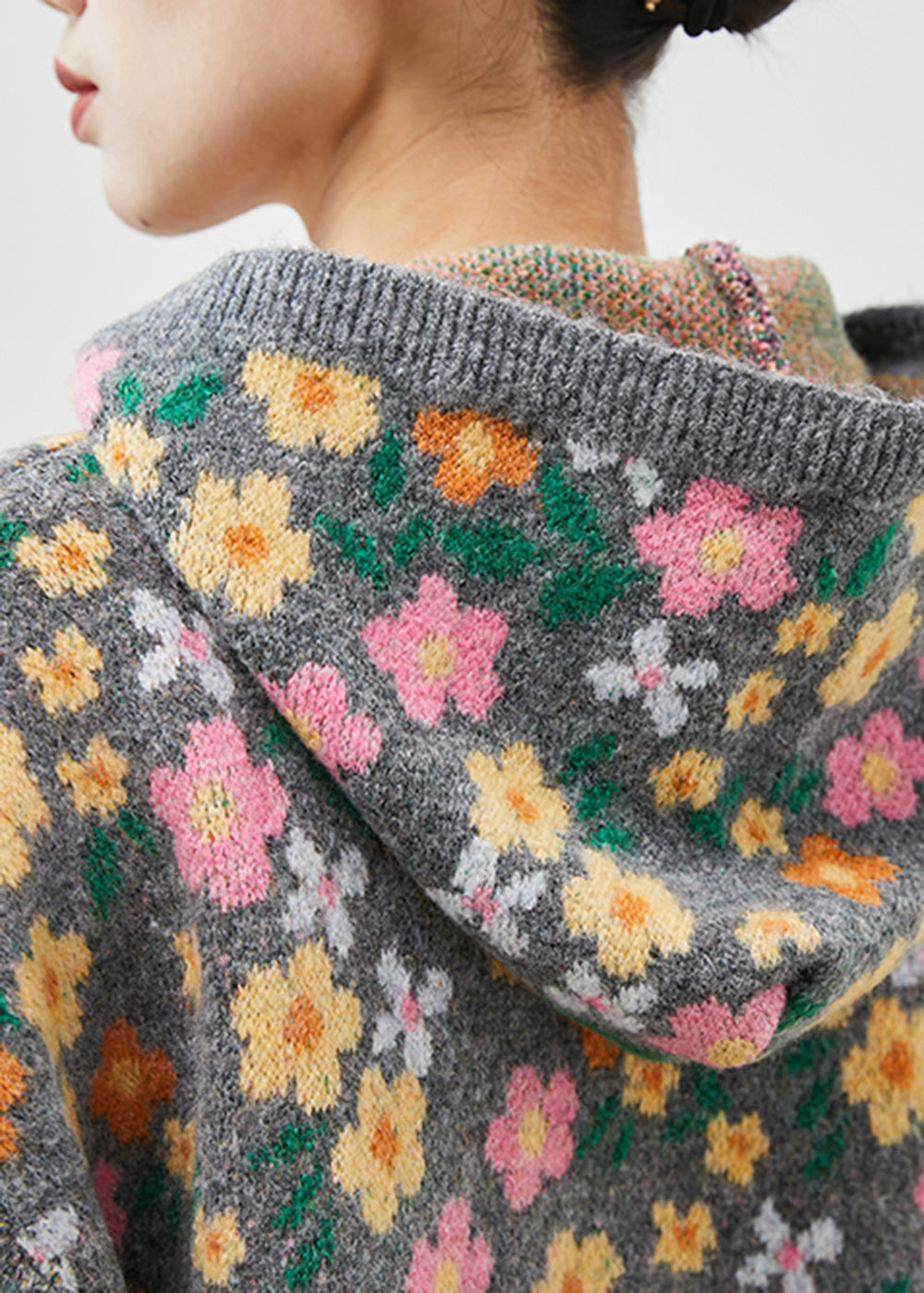 Stylish Grey Zip Up Floral Print Knit Coat Spring