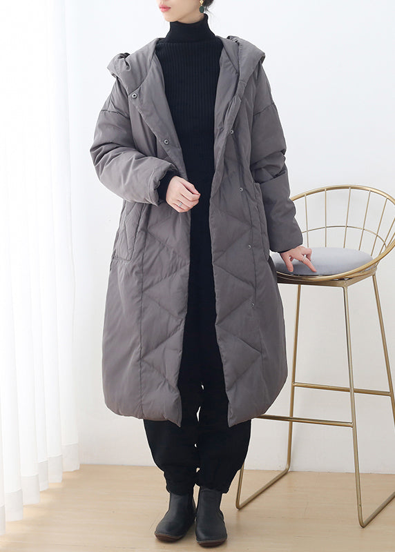 Stylish Grey Zippered Button Duck Down Long Hooded Down Coats Winter