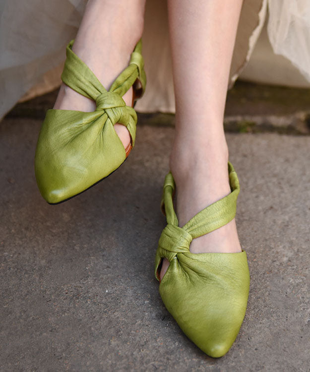 Stylish Hollow Out Splicing Water Sandals Green Cowhide Leather Pointed Toe