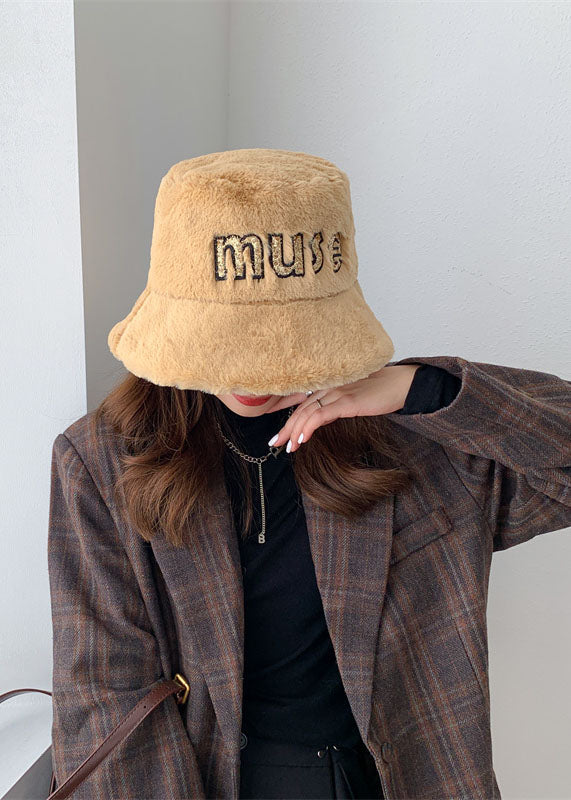 Stylish Khaki Fuzzy Fur Graphic Bucket Hat