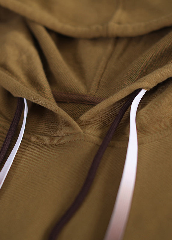 Stylish Khaki Patchwork Drawstring Hooded Sweatshirt Long Sleeve