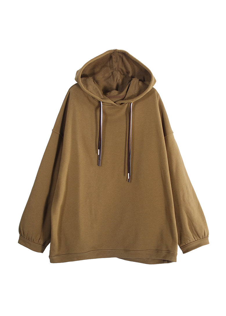 Stylish Khaki Patchwork Drawstring Hooded Sweatshirt Long Sleeve