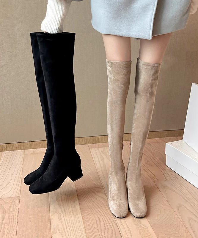 Stylish Khaki Velour Zippered Splicing Chunky Knee Boots
