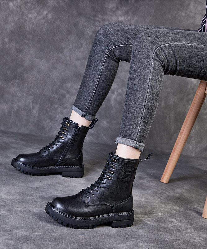 Stylish Lace Up Zippered Boots Black Cowhide Leather